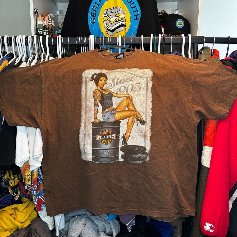 Harley Davidson Pin Up Girl T Shirt 4XL Brown Grand Teton Idaho Falls USA Tee